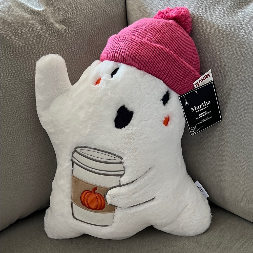 Martha Stewart Ghost Plush Pillow with Pink Hat and Pumpkin Spiced Latte 👻